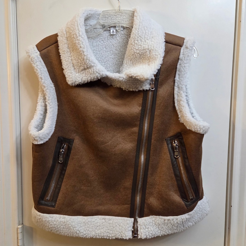 Madden Girl Brown Faux Suede Shearling Moto Vest Size Medium New